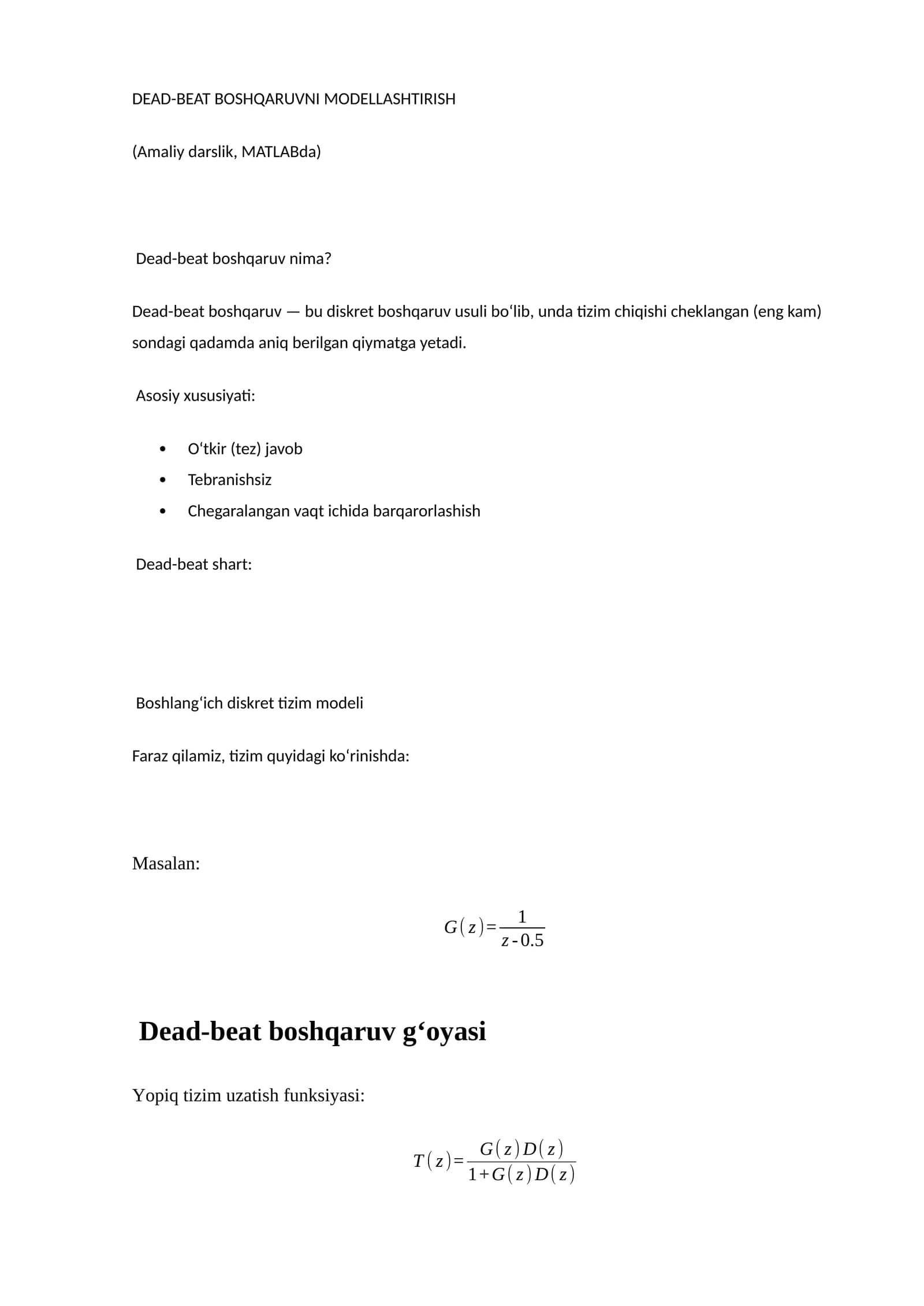 DEAD-BEAT BOSHQARUVNI MODELLASHTIRISH (Amaliy darslik, MATLABda)