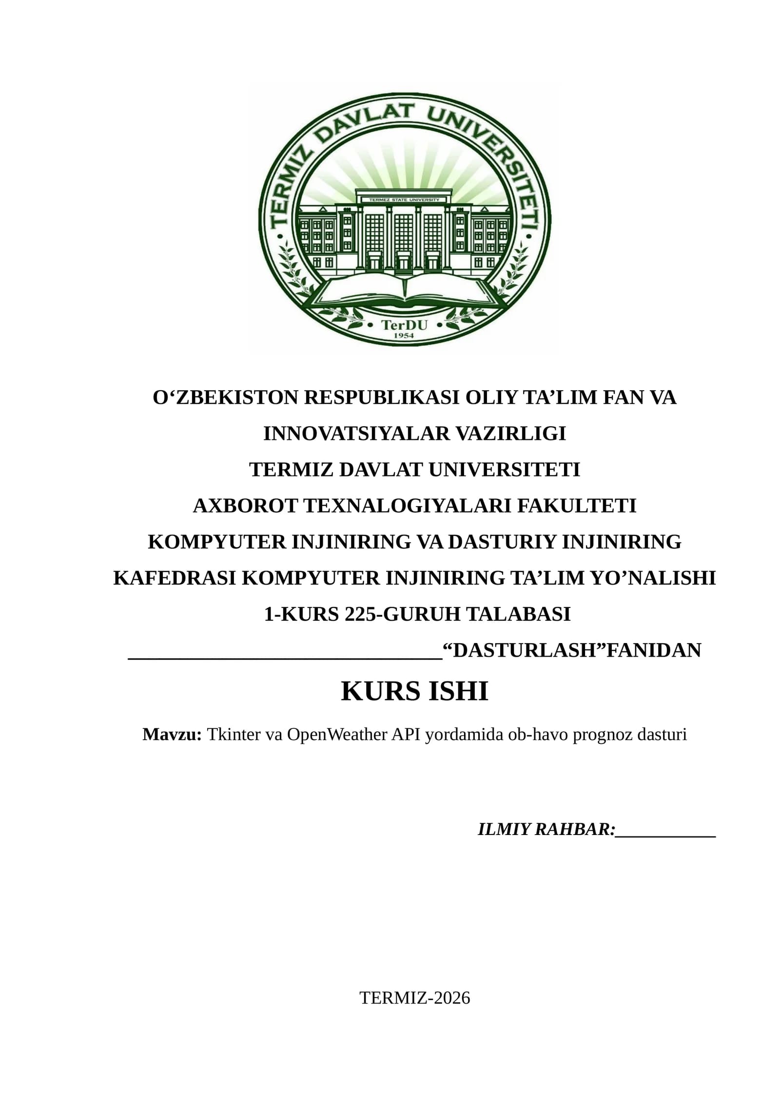 Tkinter va OpenWeather API yordamida ob-havo prognoz dasturi