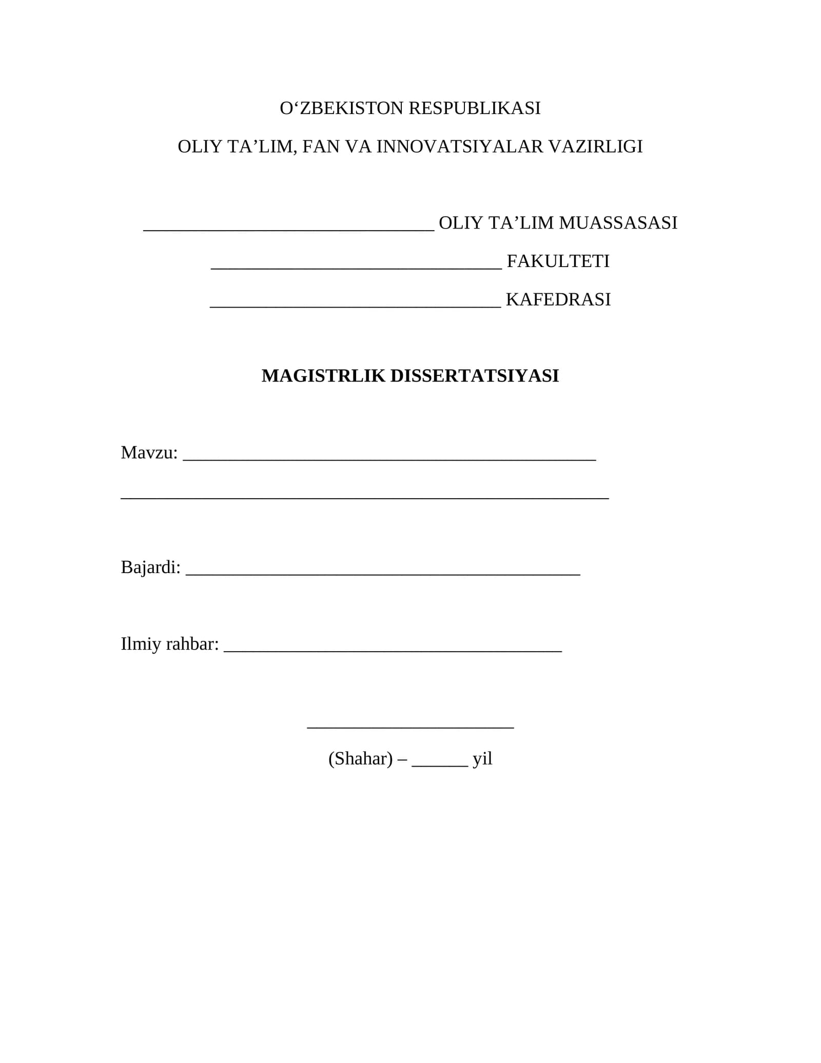 Magistrlik dissertatsiyasi titul varaqa (GOST) – Word (.docx) muqova