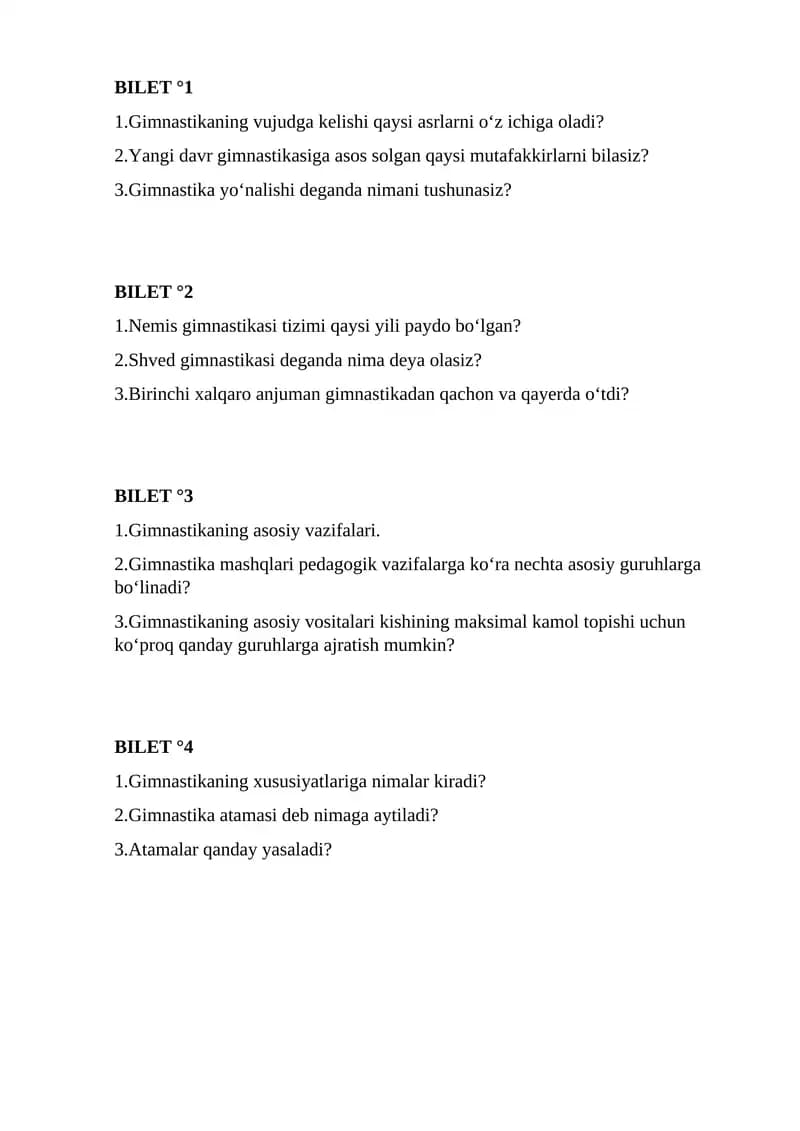 Gimnastikadan bilet topshiriqlari