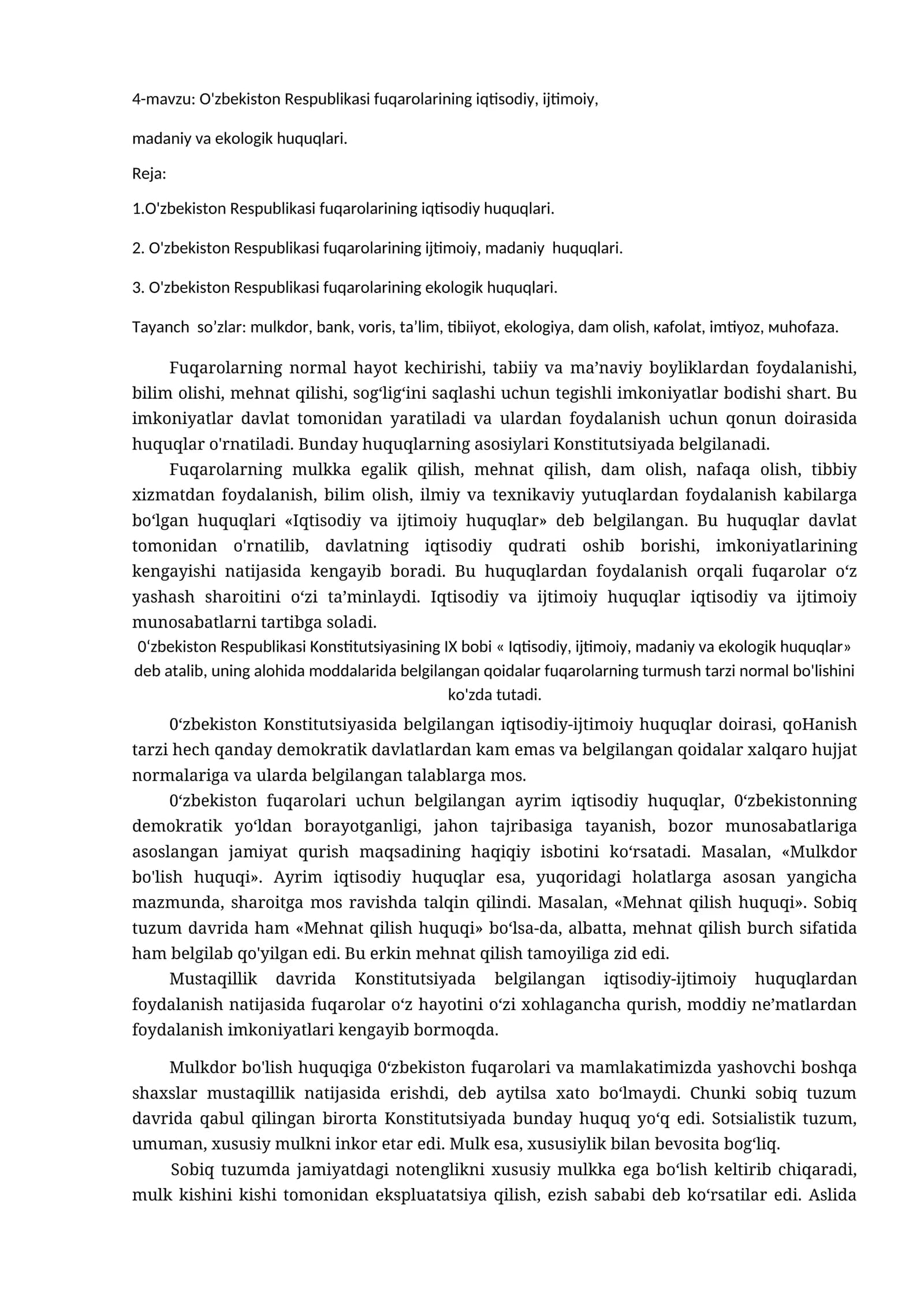 O'zbekiston Respublikasi Fuqarolarining Huquqlari