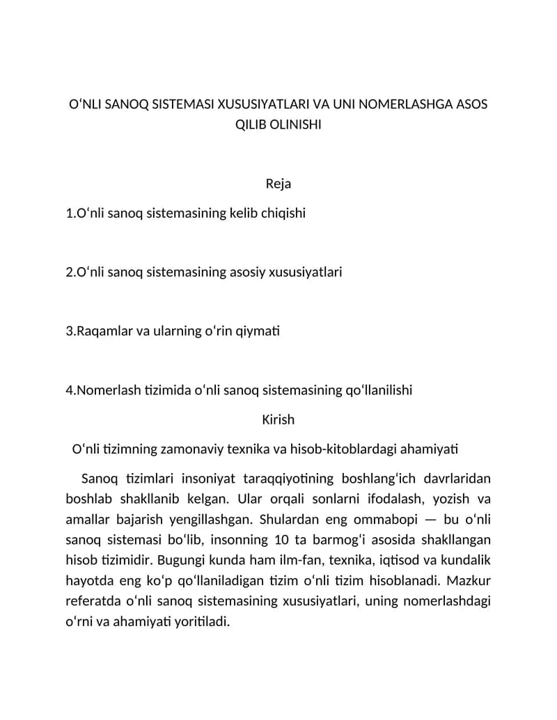 O‘NLI SANOQ SISTEMASI