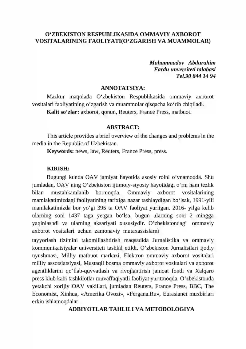 Ommaviy axborot vositalari faoliyati (Oʻzgarish va muammolar)