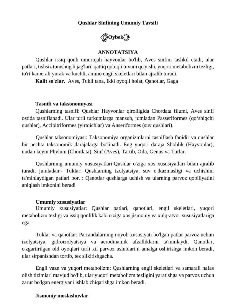 Qushlar Sinfining Umumiy Tavsifi