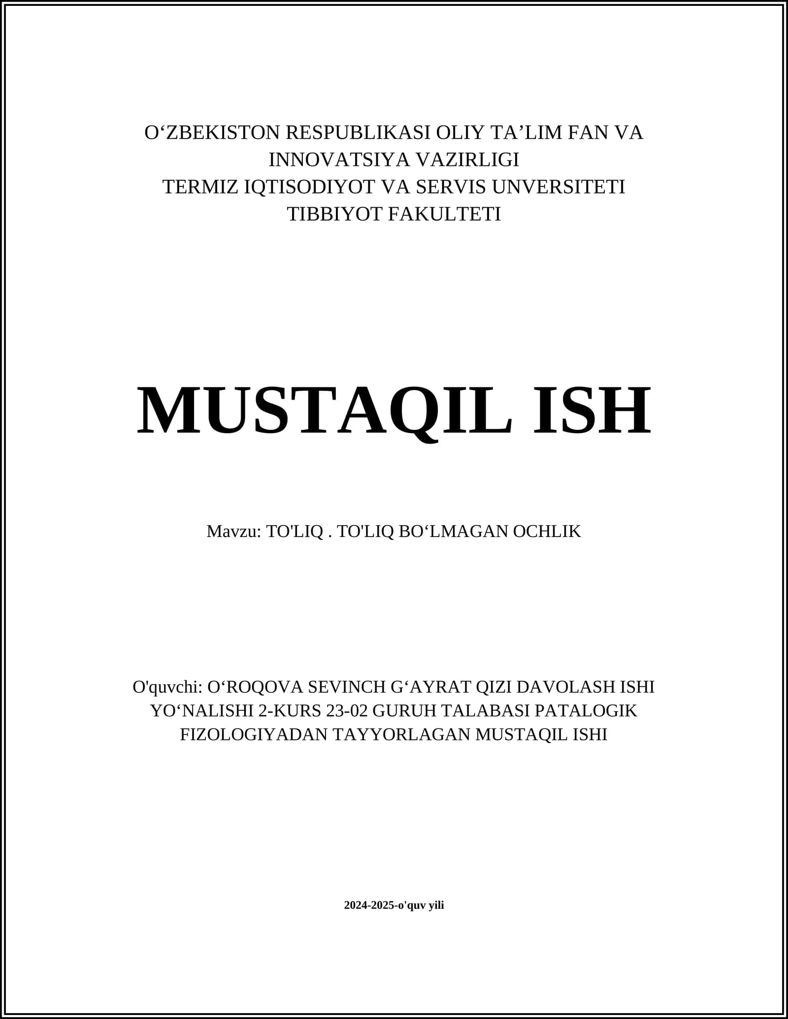 TO'LIQ BOʻLMAGAN OCHLIK