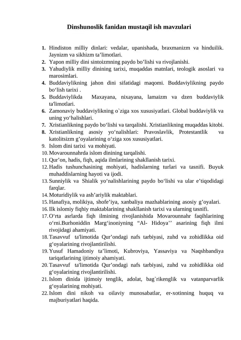 Dinshunoslik fanidan mustaqil ish mavzulari