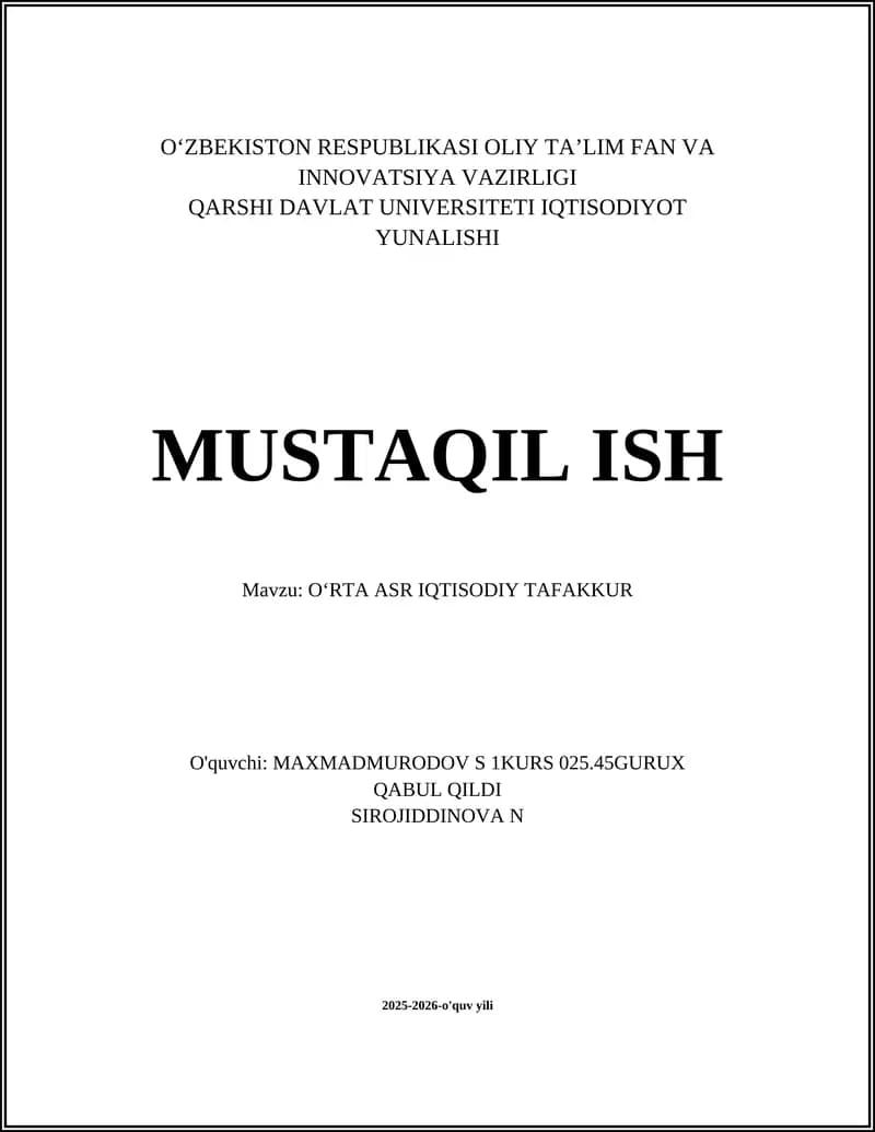 OʻRTA ASR IQTISODIY TAFAKKUR