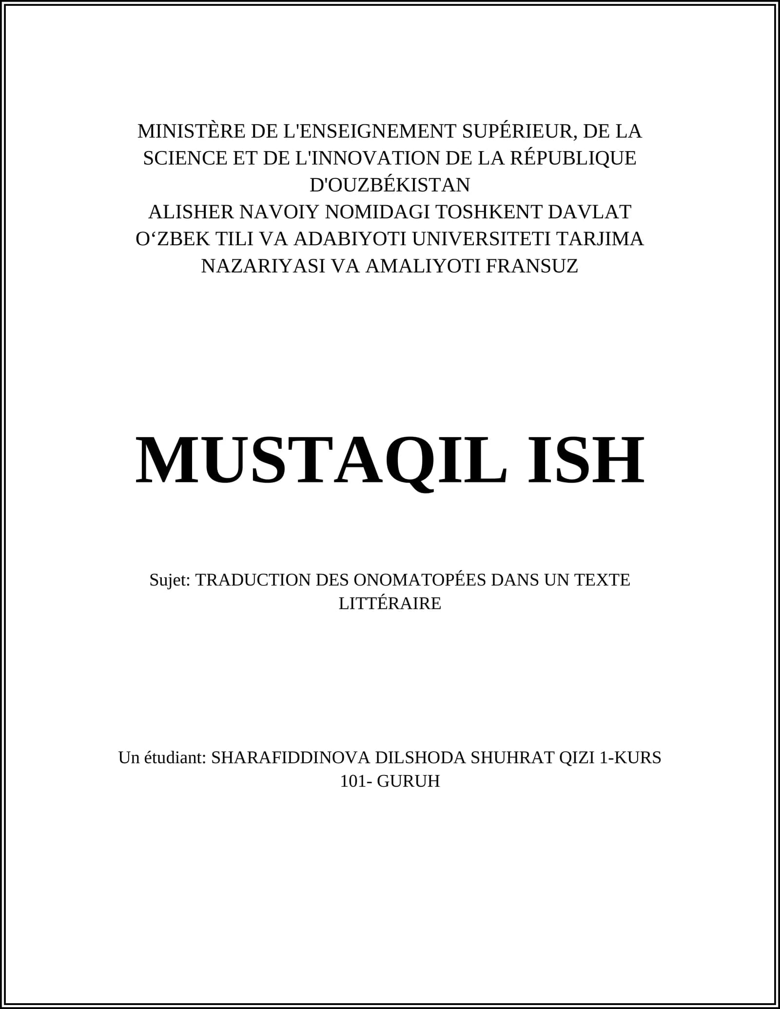 TRADUCTION DES ONOMATOPÉES DANS UN TEXTE LITTÉRAIRE