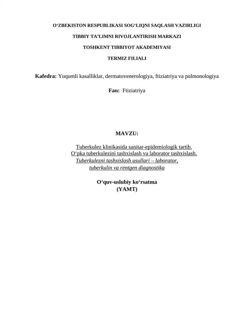 Tuberkulez klinikasida sanitar-epidemiologik tartib