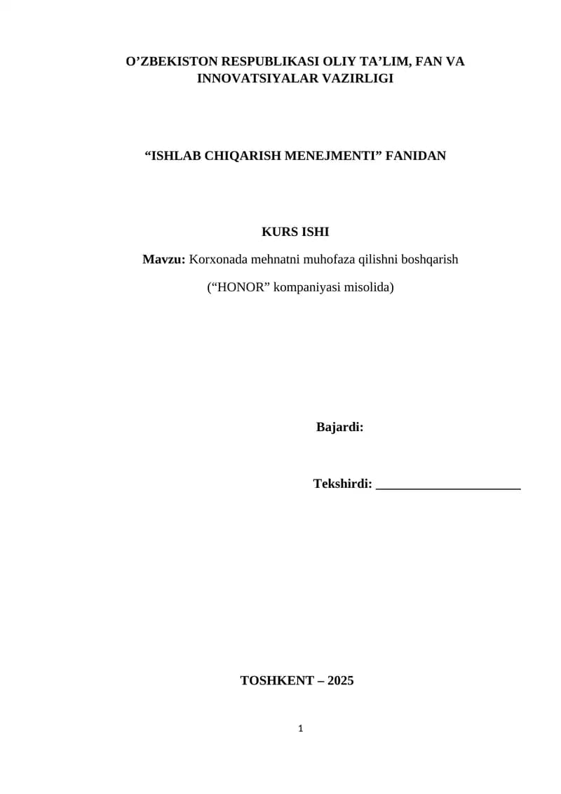 Korxonada mehnatni muhofaza qilishni boshqarish
