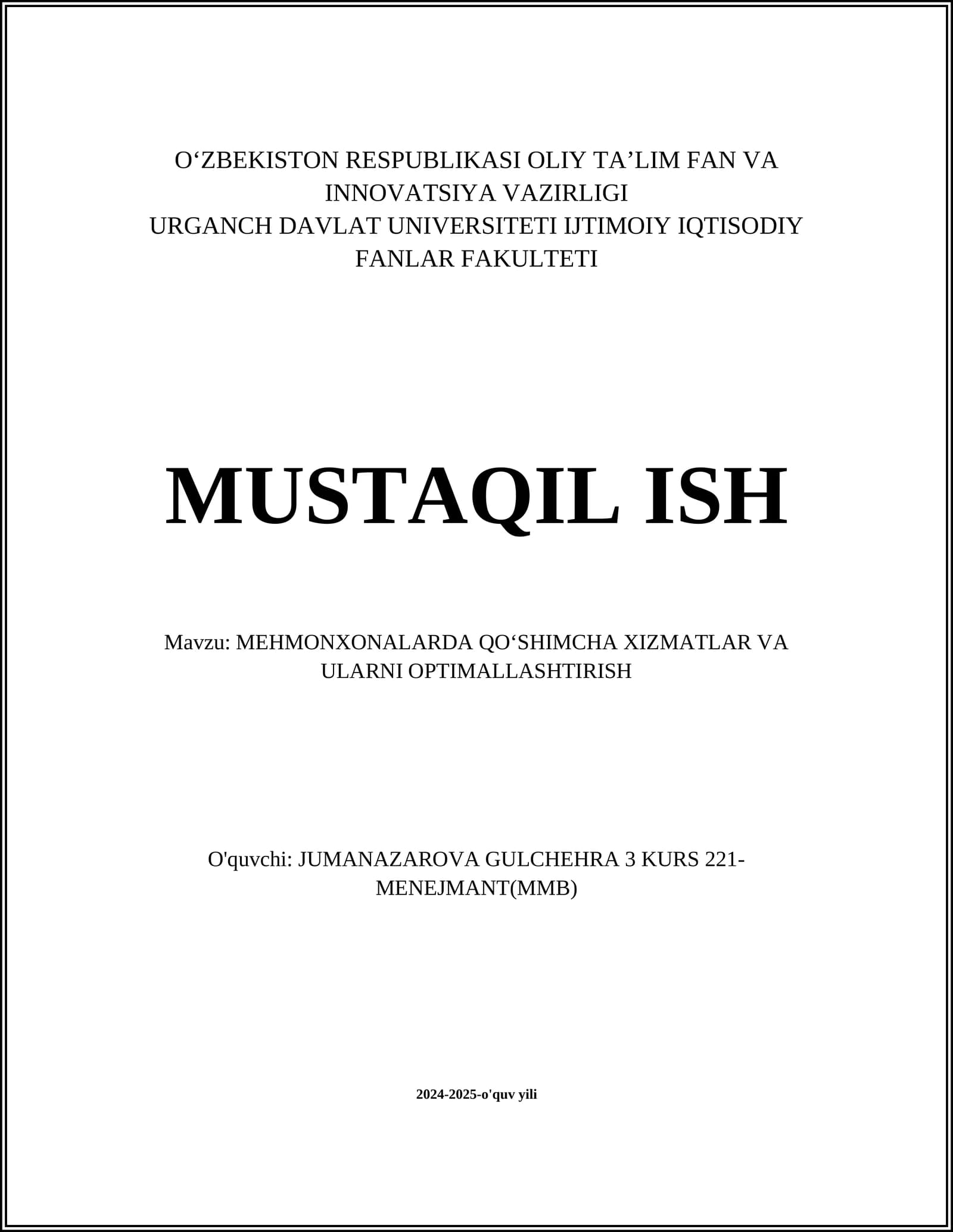 MEHMONXONALARDA QOʻSHIMCHA XIZMATLAR VA ULARNI OPTIMALLASHTIRISH