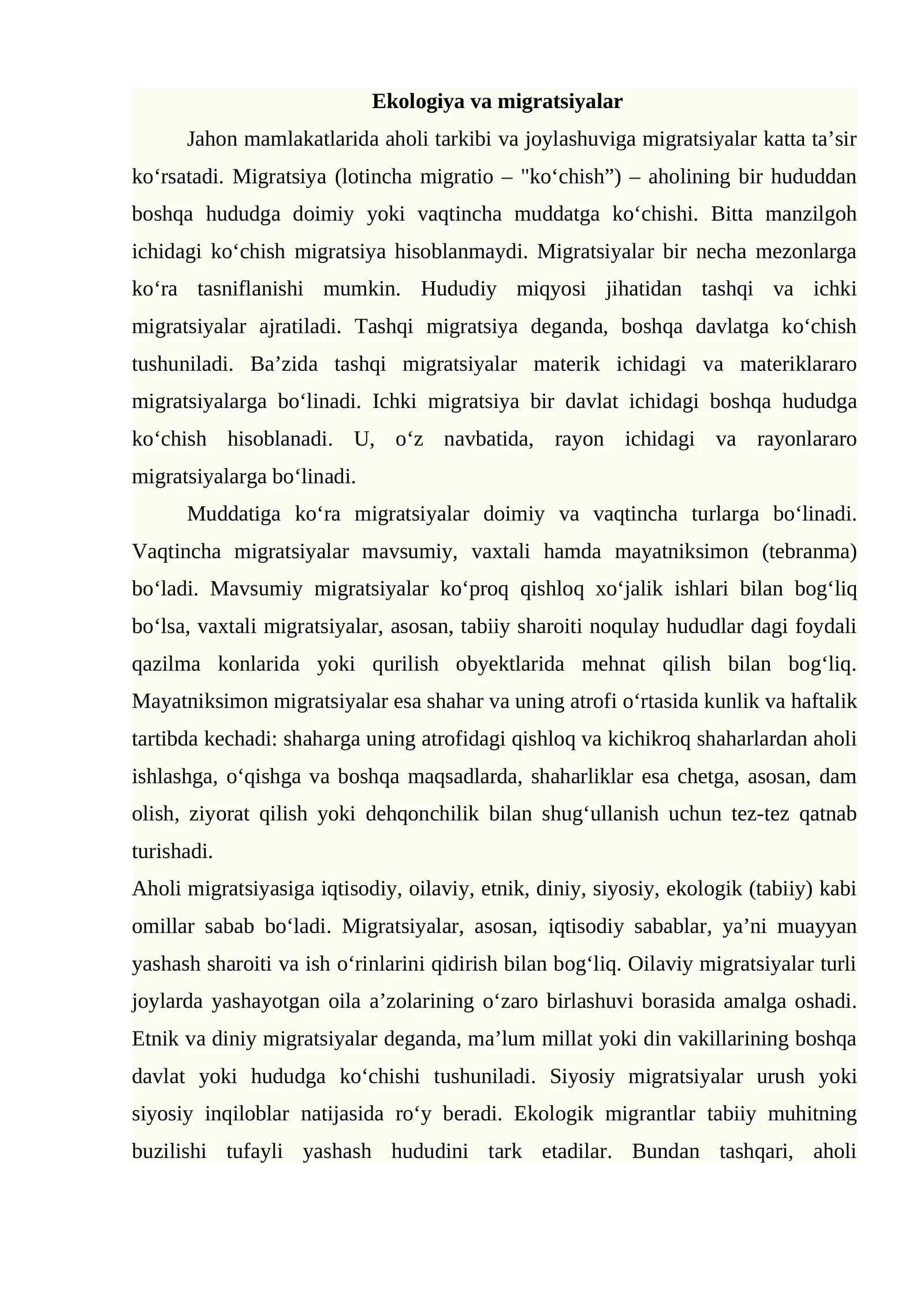 Ekologiya va migratsiyalar