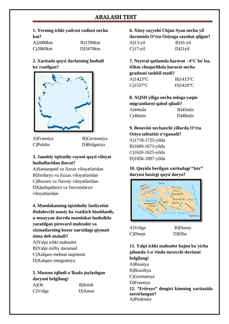 Geografiya fanidan aralash test