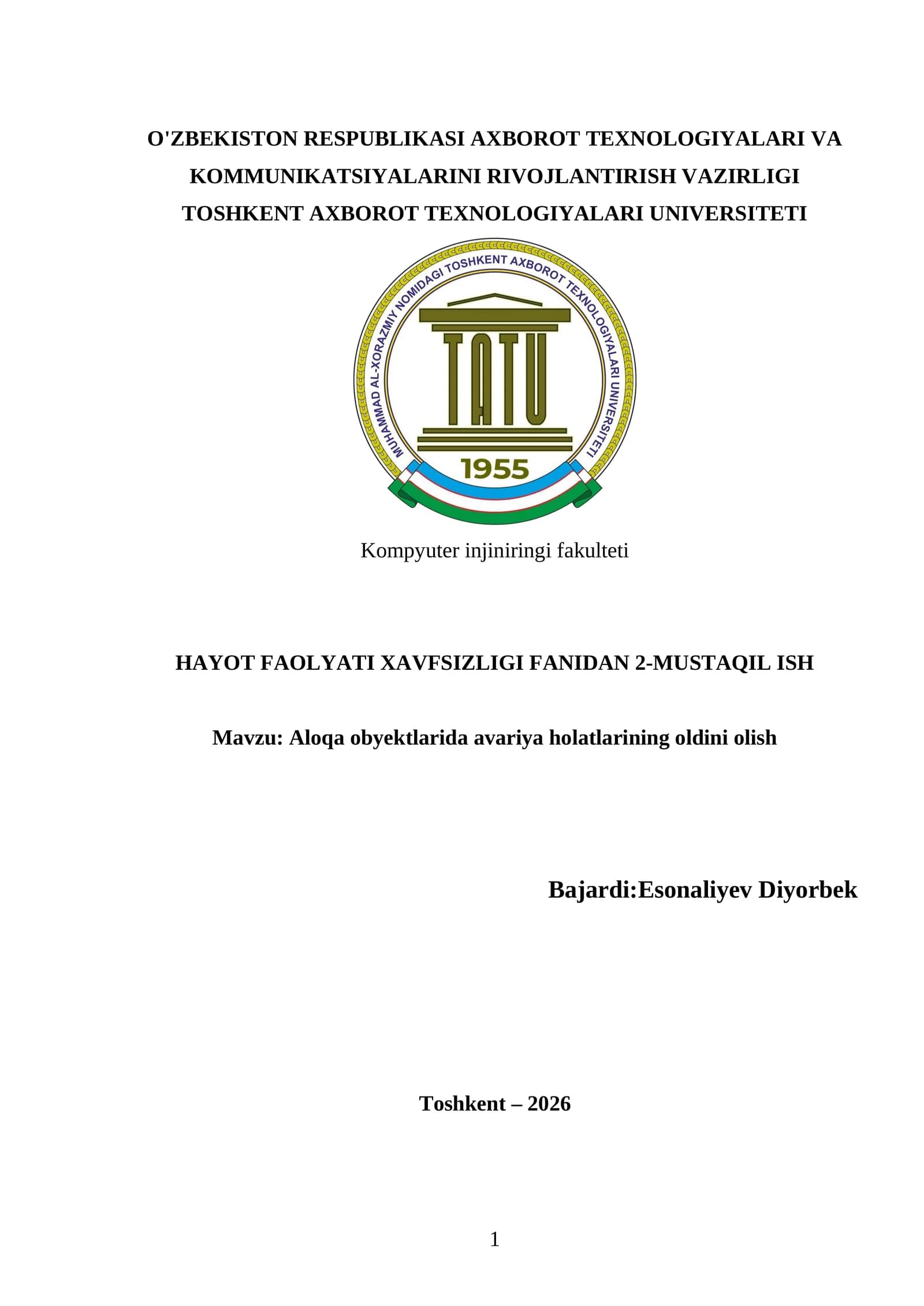 HAYOT FAOLYATI XAVFSIZLIGI FANIDAN 2-MUSTAQIL ISH