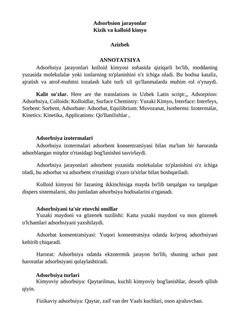 Adsorbsion jarayonlar