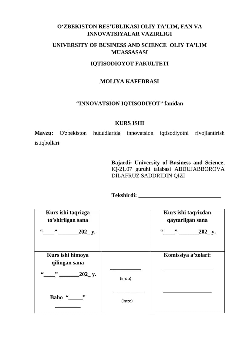 O'zbekiston hududlarida innovatsion iqtisodiyotni rivojlantirish istiqbollari