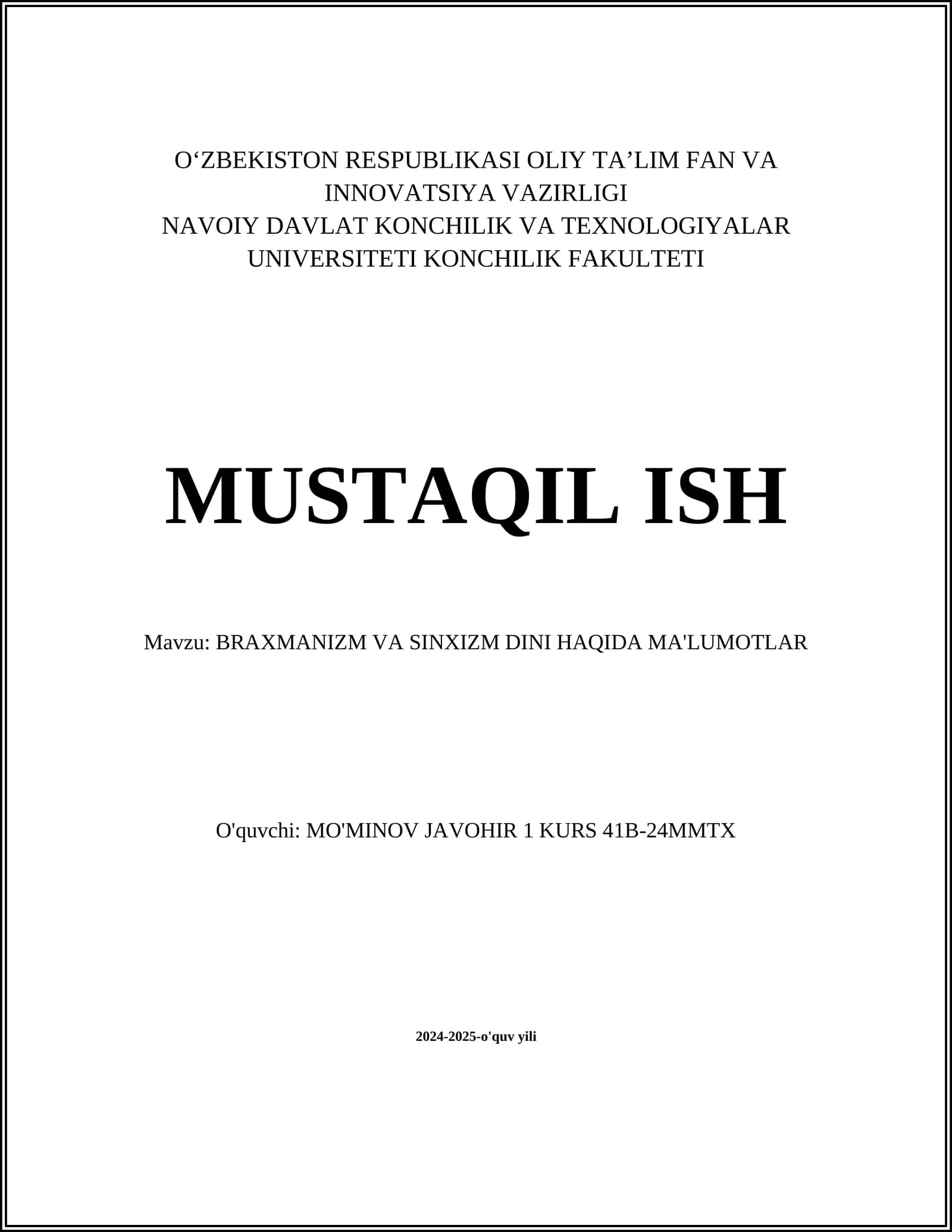 BRAXMANIZM VA SINXIZM DINI HAQIDA MA'LUMOTLAR