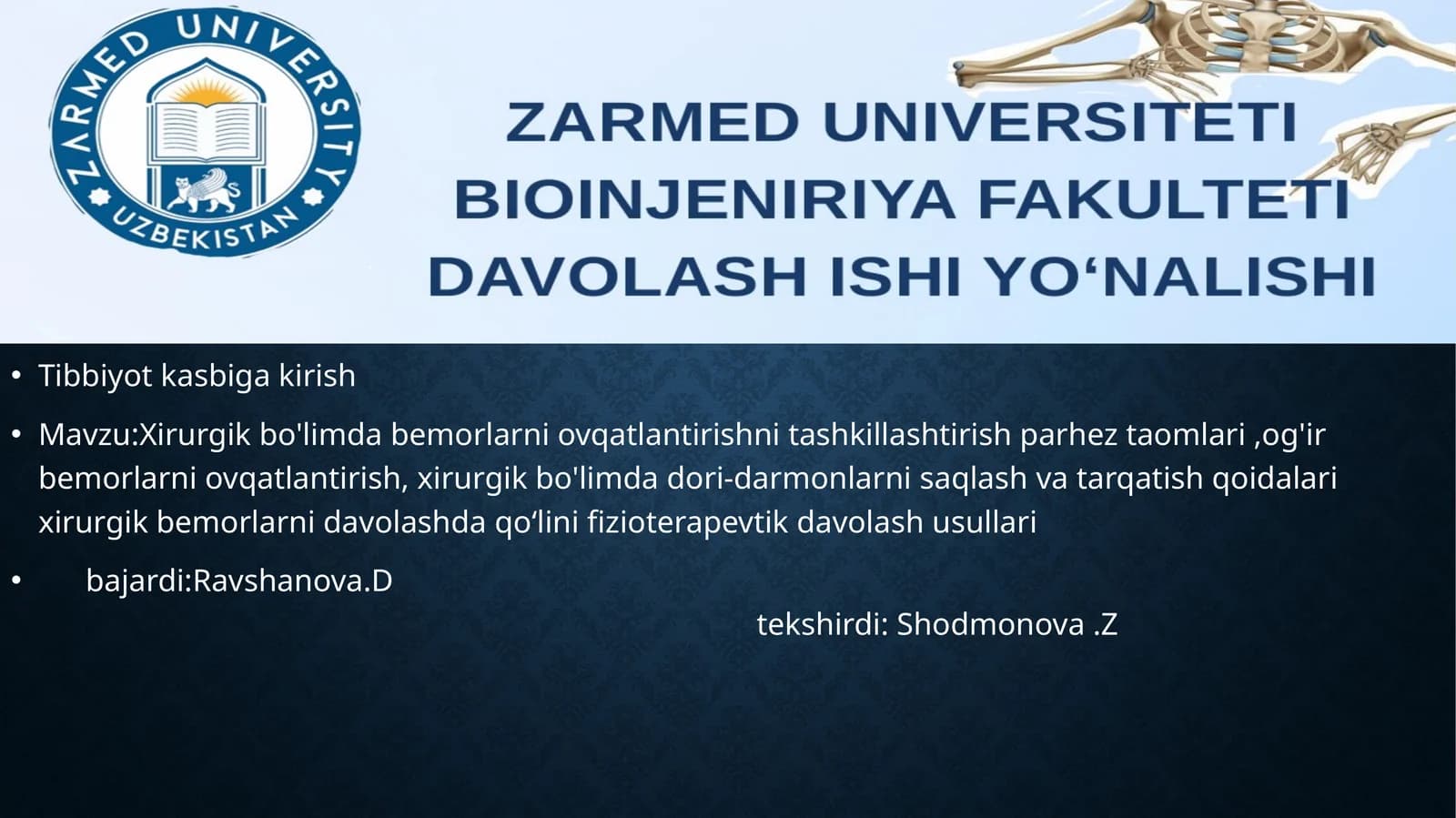 Xirurgik bo'limda bemorlarni ovqatlantirishni tashkillashtirish