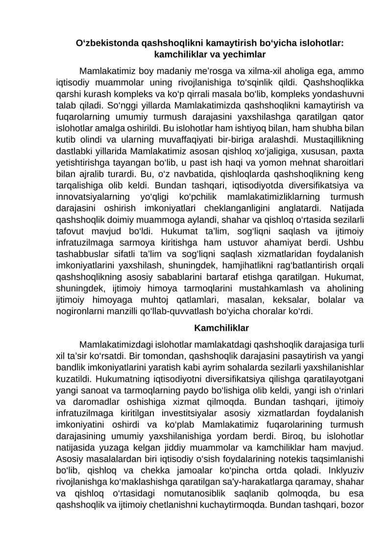 Qashshoqlikni kamaytirish bo‘yicha islohotlar