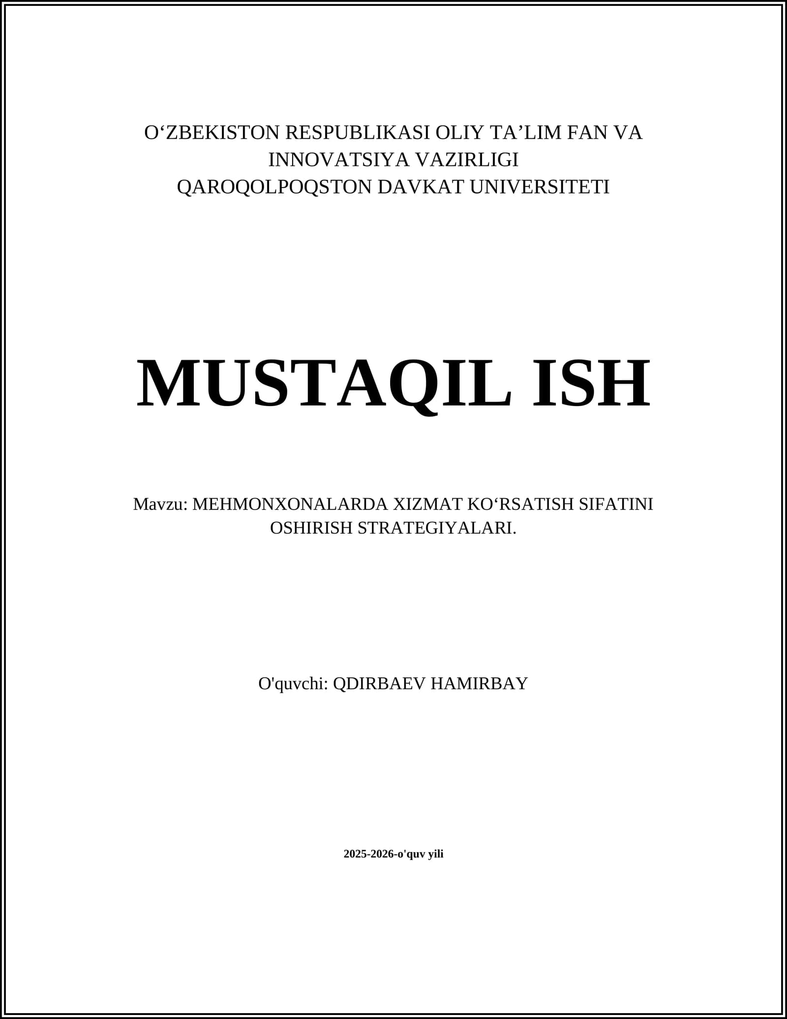 MEHMONXONALARDA XIZMAT KO‘RSATISH SIFATINI OSHIRISH STRATEGIYALARI