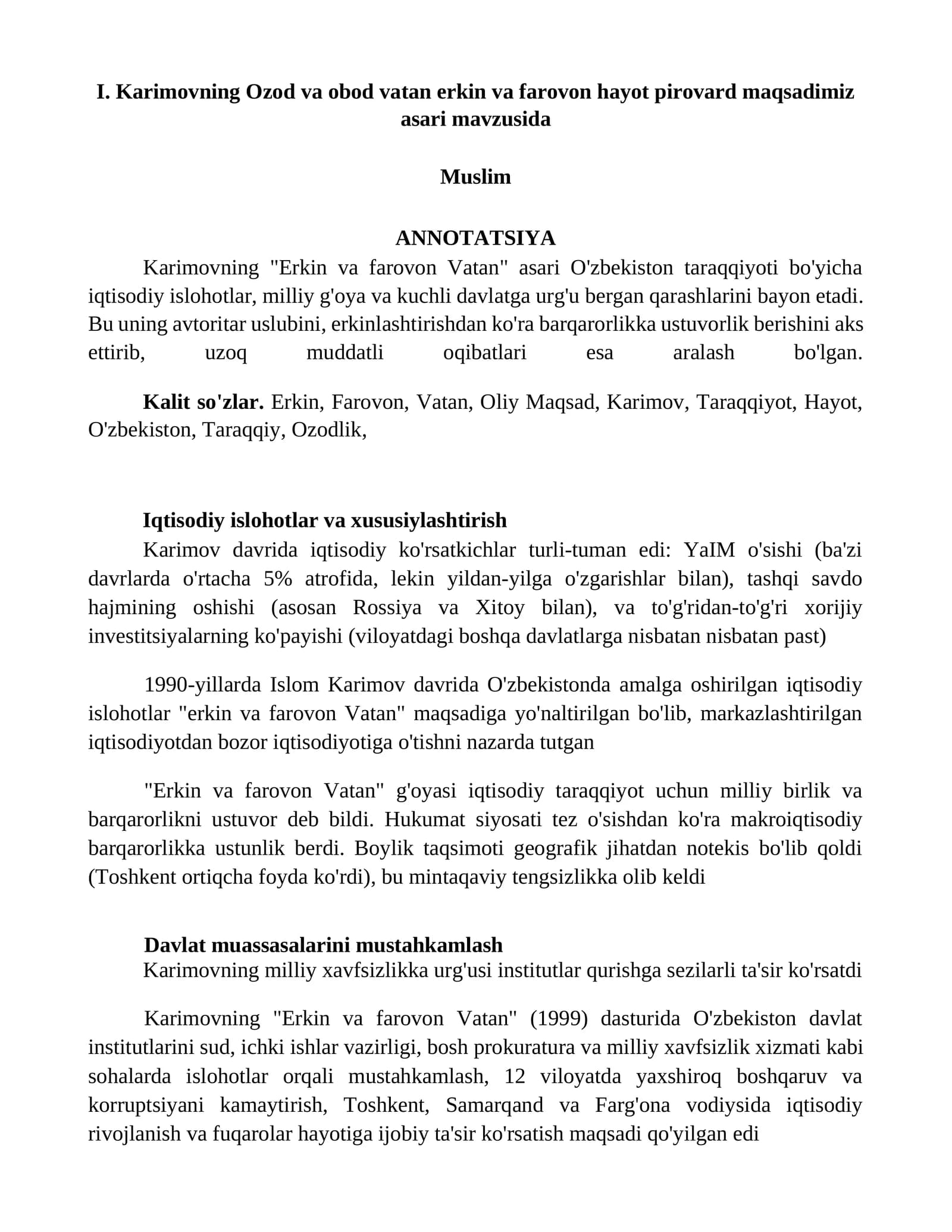 Erkin va farovon Vatan