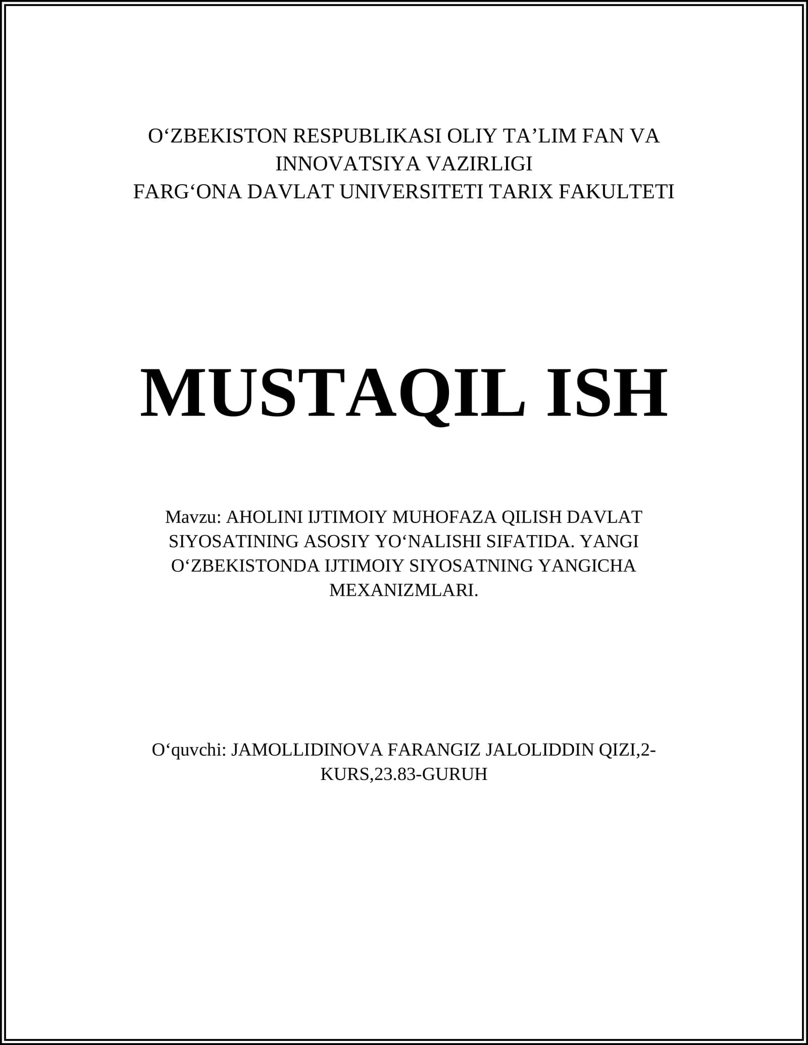 AHOLINI IJTIMOIY MUHOFAZA QILISH DAVLAT SIYOSATI