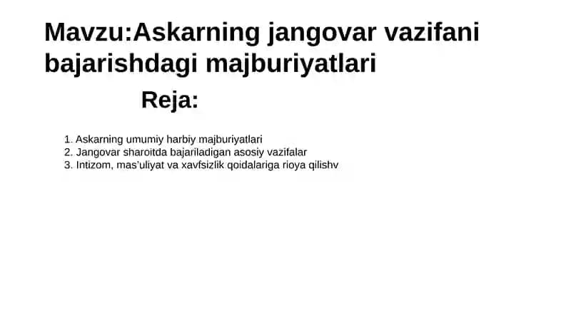 Askarning jangovar vazifani bajarishdagi majburiyatlari