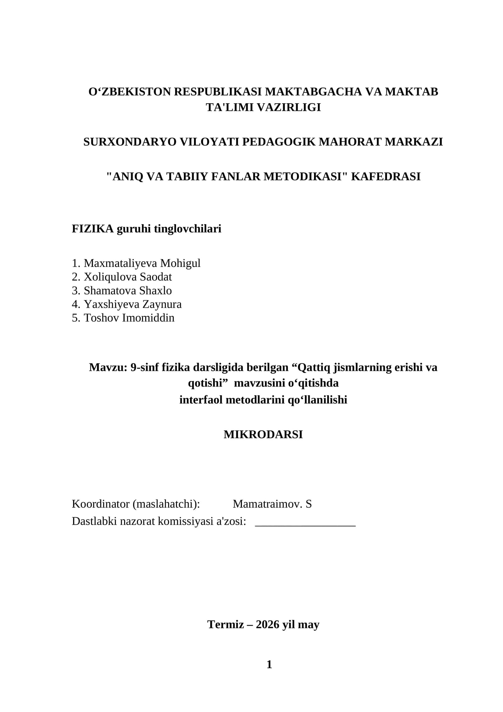 Jismlarning erish i va qotishi. Mikrodars