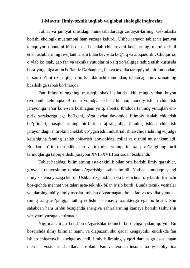 Ilmiy-texnik inqilob va global ekologik inqirozlar