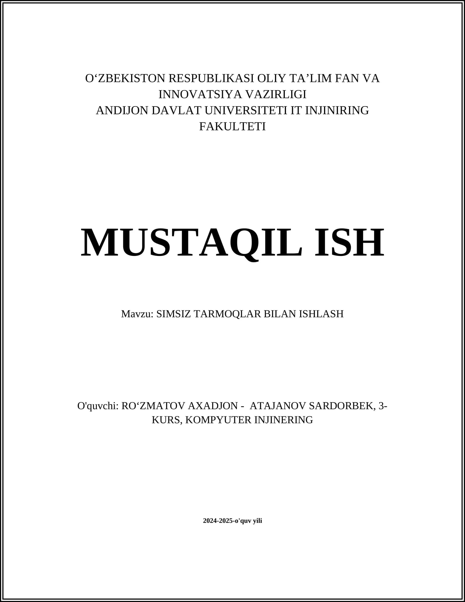 SIMSIZ TARMOQLAR BILAN ISHLASH