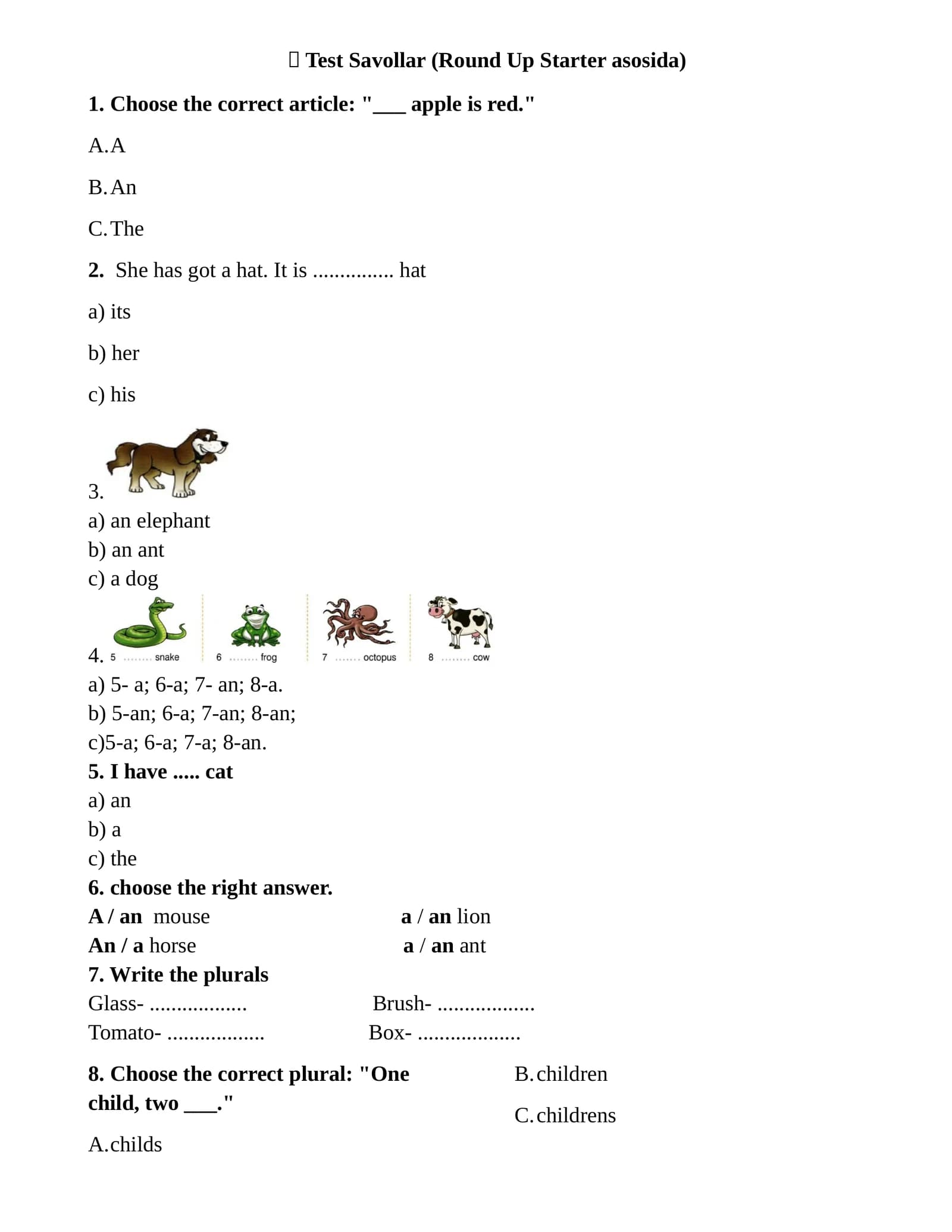 Test Savollar (Round Up Starter asosida)