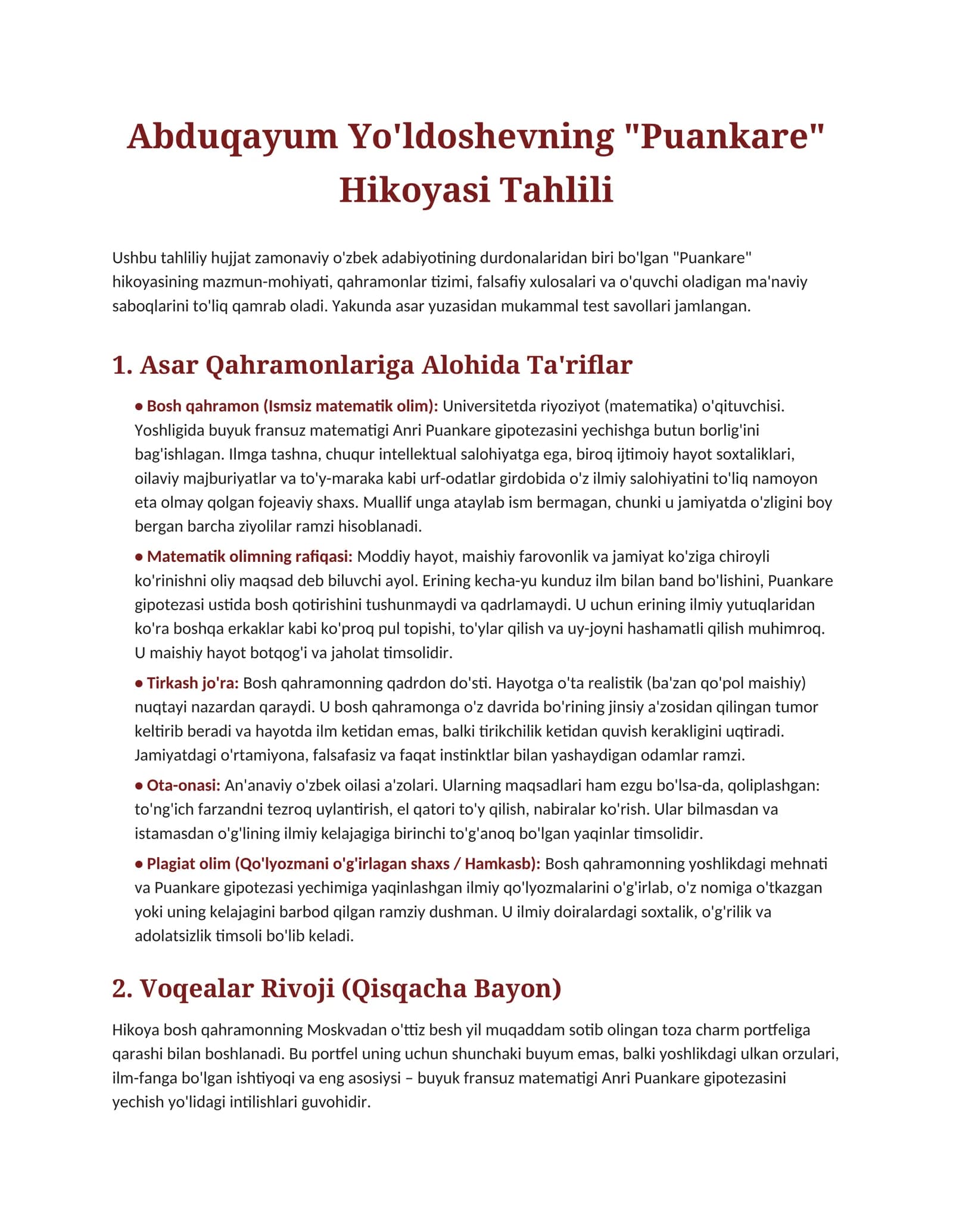 Puankare Hikoyasi Tahlili