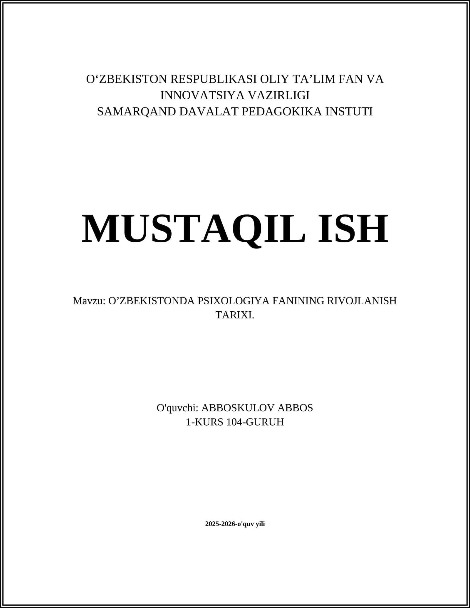 O’ZBEKISTONDA PSIXOLOGIYA FANINING RIVOJLANISH TARIXI
