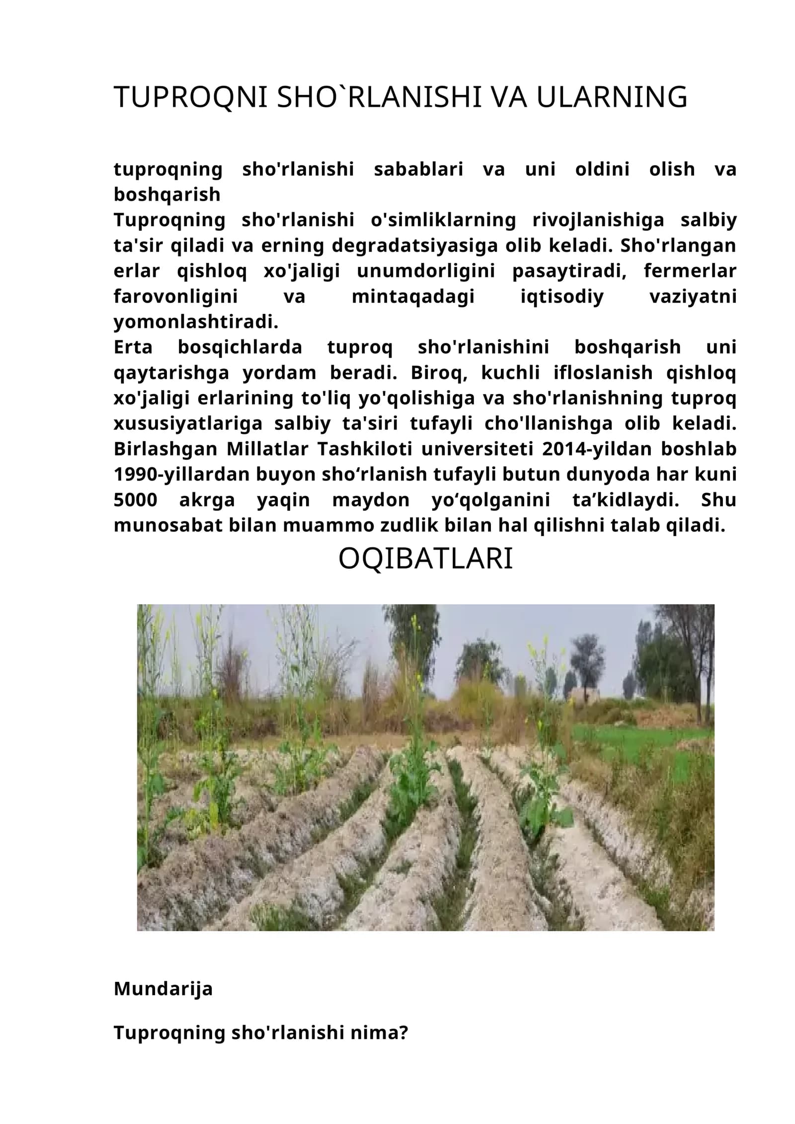 Tuproq sho'rlanishi va uni oldini olish va boshqarish