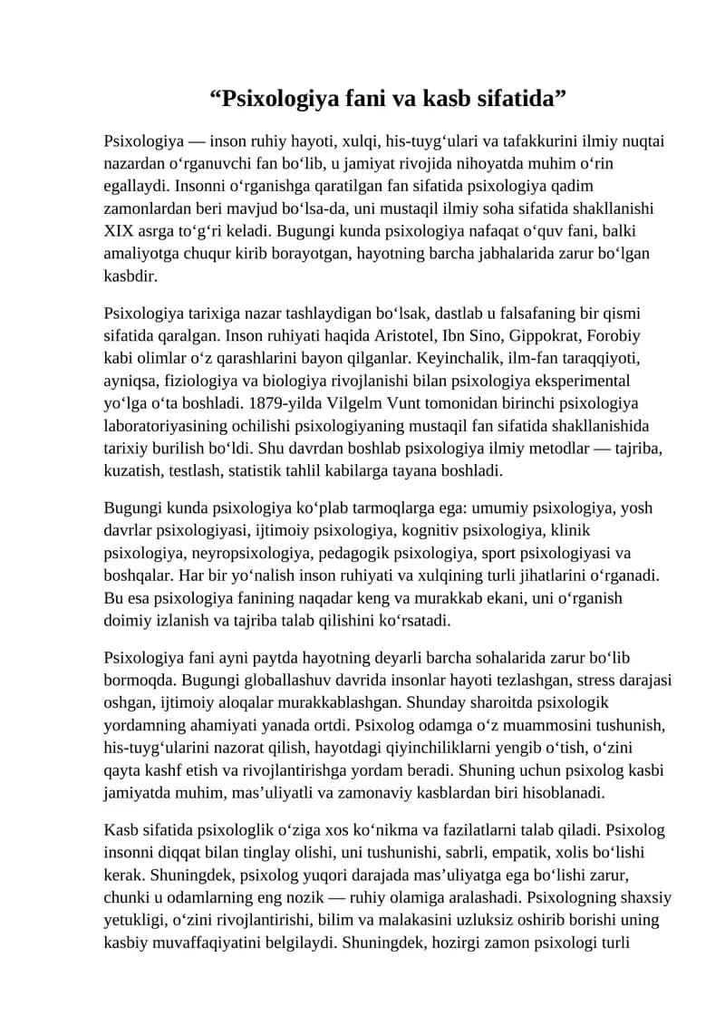 "Psixologiya fani va kasb sifatida"