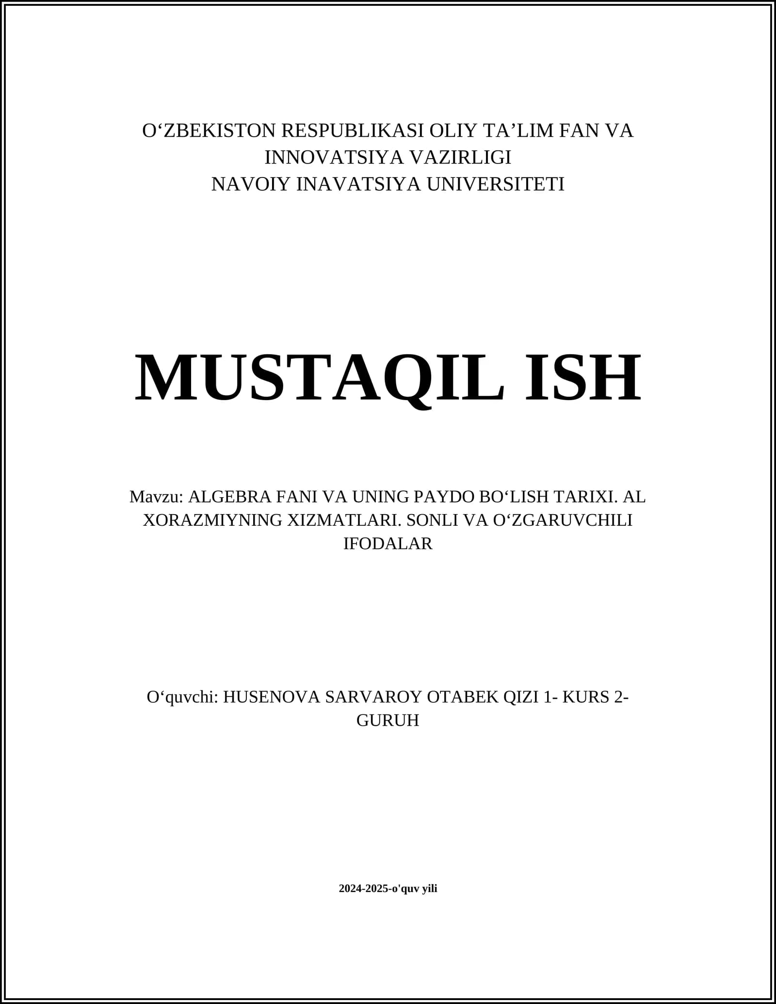 ALGEBRA FANI VA UNING PAYDO BOʻLISH TARIXI