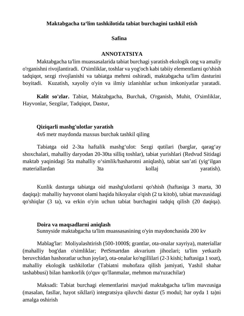 Maktabgacha ta‘lim tashkilotida tabiat burchagini tashkil etish