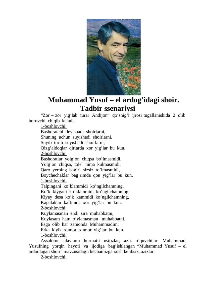 Muhammad Yusuf – el ardog’idagi shoir. Tadbir ssenariysi