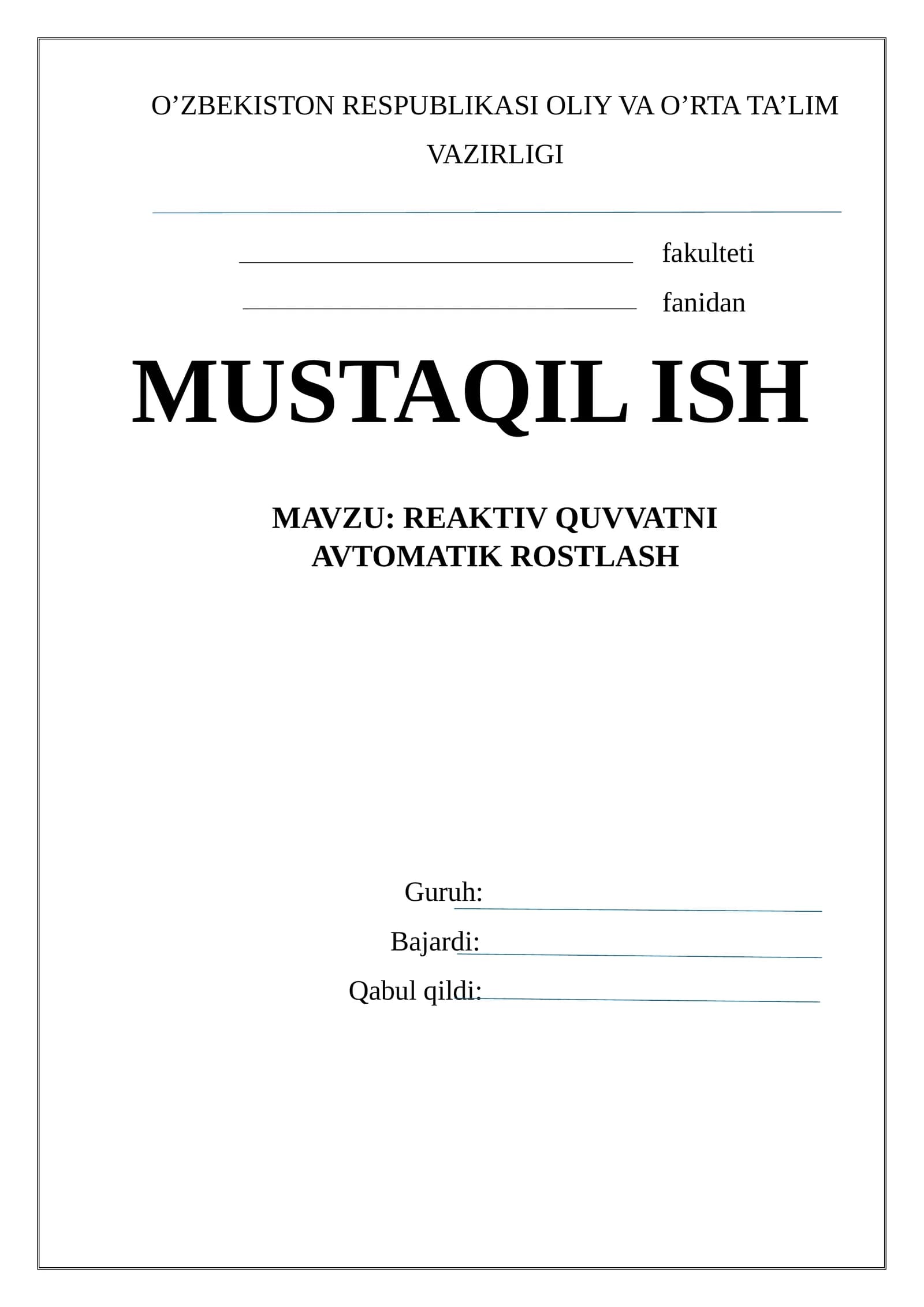 REAKTIV QUVVATNI AVTOMATIK ROSTLASH