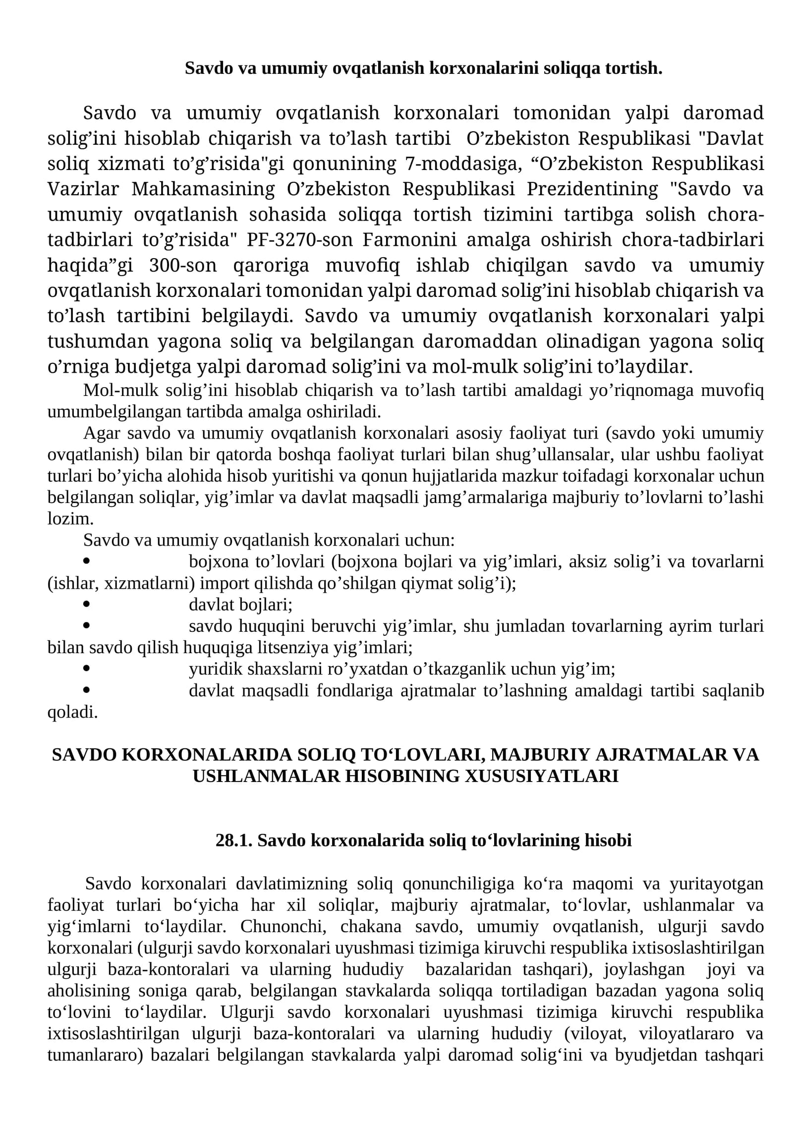 Savdo va umumiy ovqatlanish korxonalarini soliqqa tortish