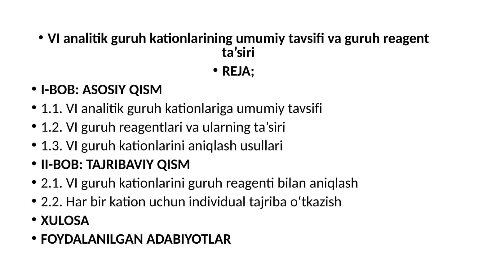 VIanalitikguruhkationlariningumumiytavsifivaguruhreagentta’siri