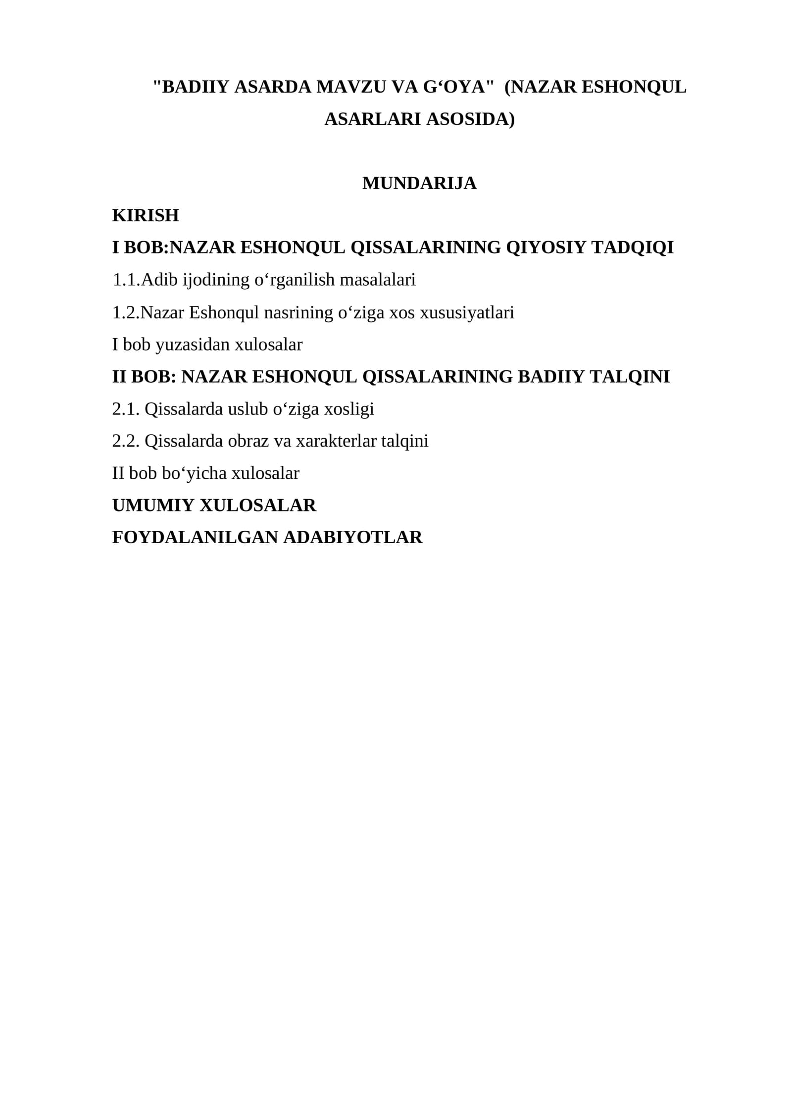 BADIIY ASARDA MAVZU VA G‘OYA  NAZAR ESHONQUL ASARLARI ASOSIDA