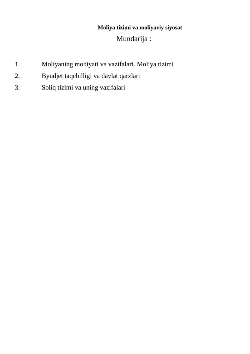 Moliya tizimi va moliyaviy siyosat