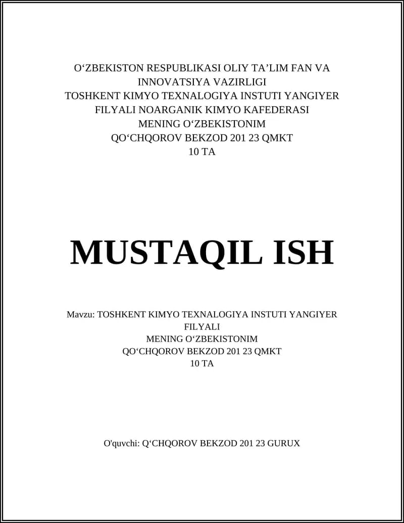 Toshkent Kimyo Texnologiya Instituti Yangiyer filiali: Mening Oʻzbekistonim loyihasi