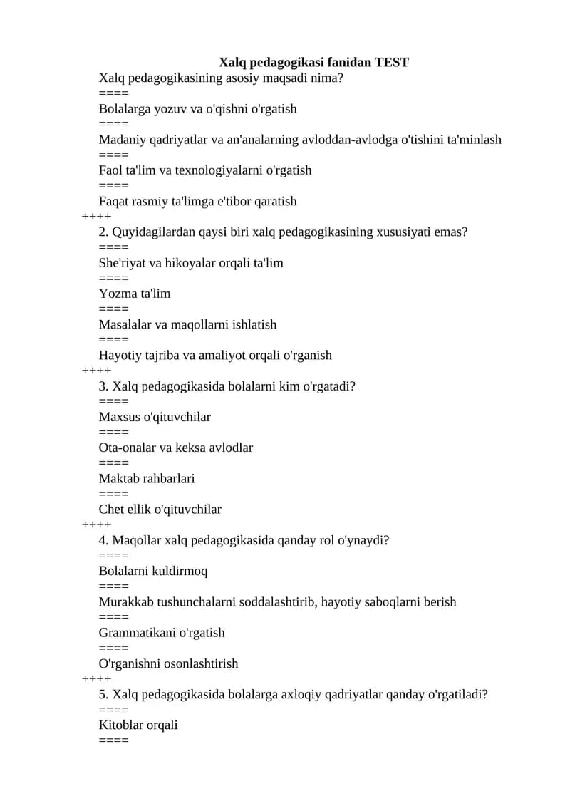 Xalq pedagogikasi fanidan TEST