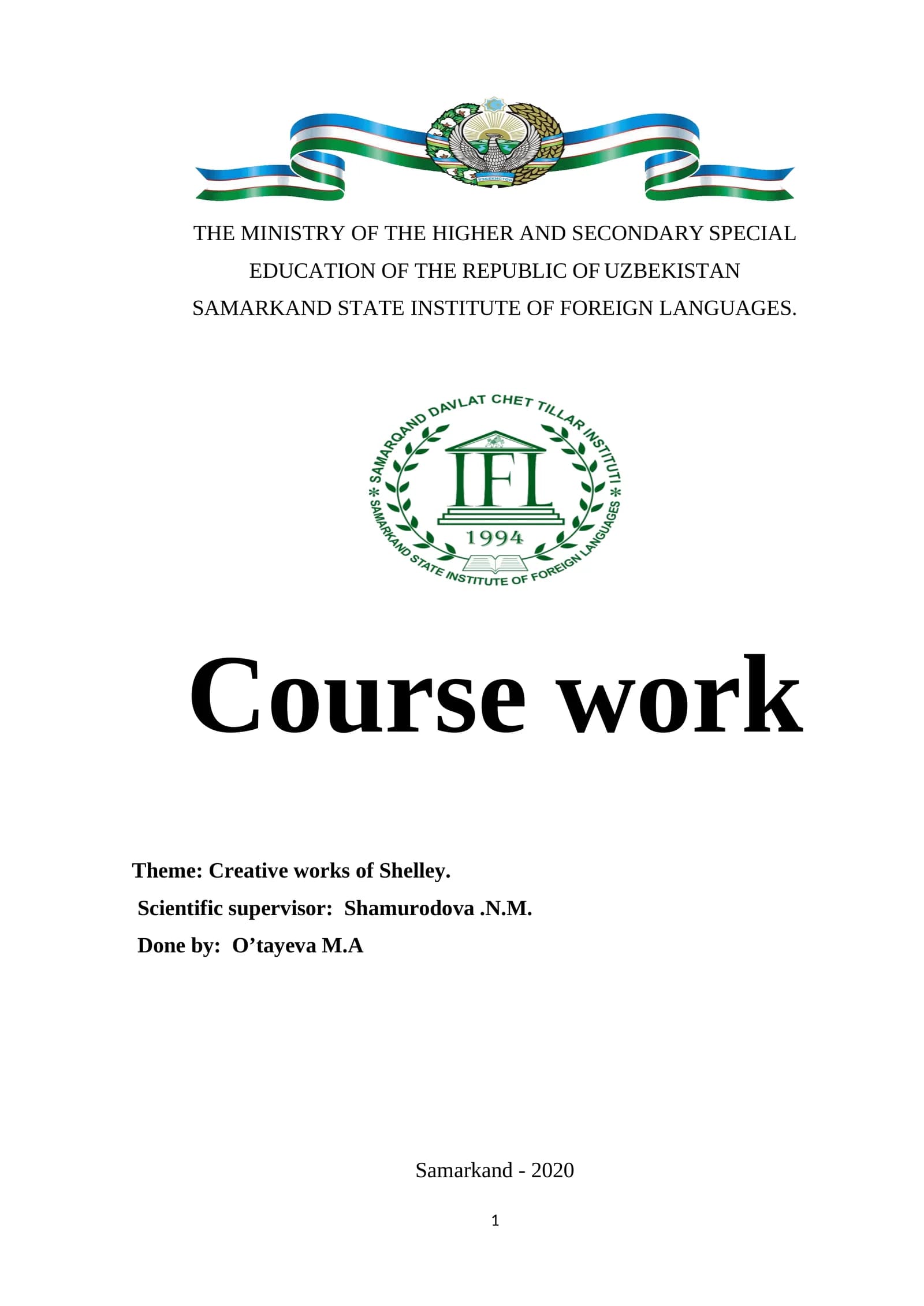 Course work on Creative works of Shelley