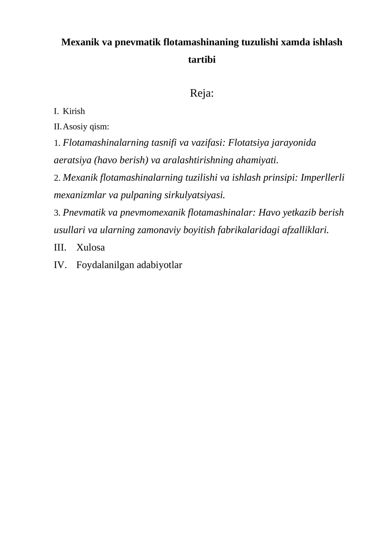 Mexanik va pnevmatik flotamashinaning tuzulishi xamda ishlash tartibi