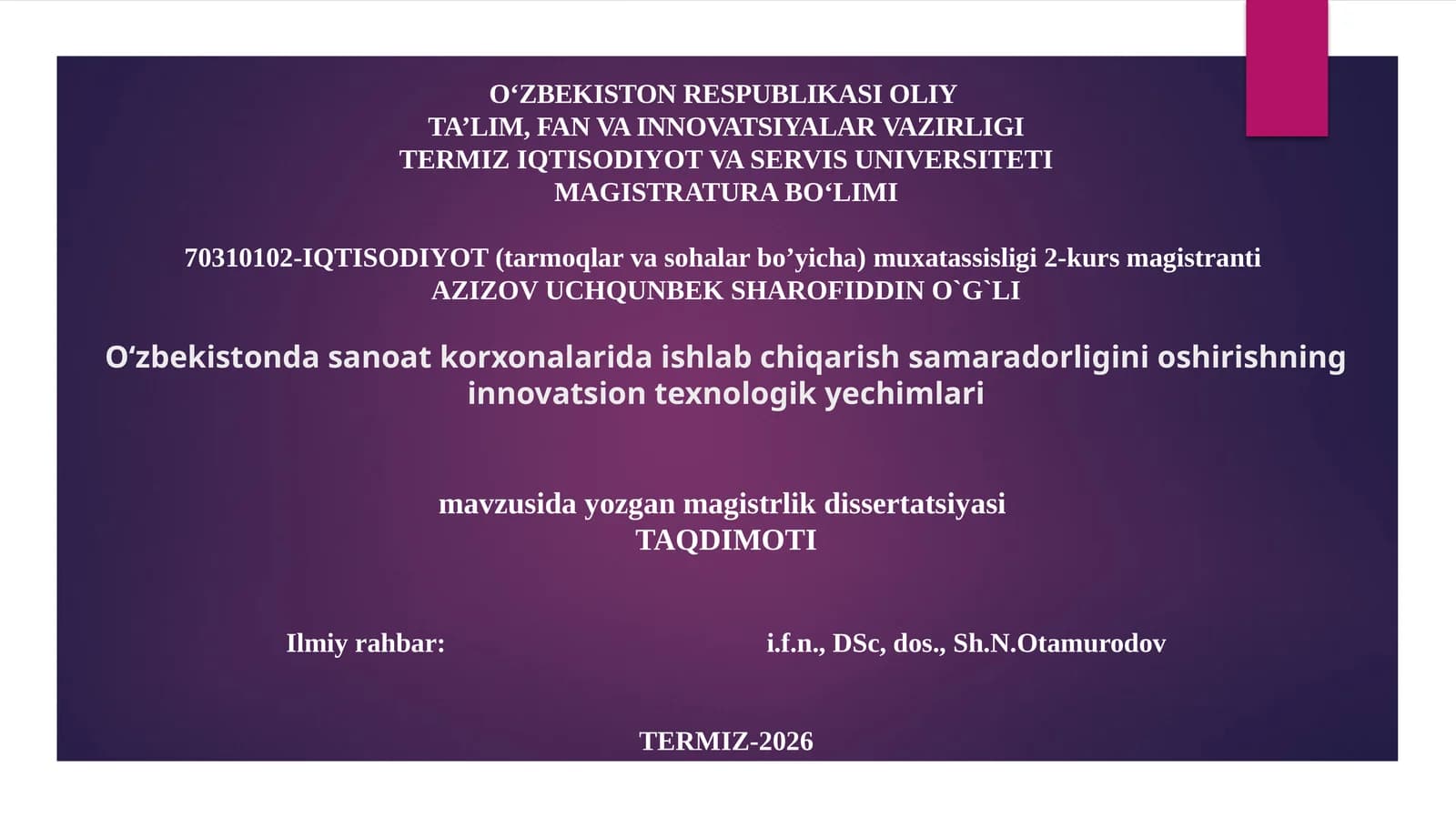 Magistrlik dissertatsiyasi mavzusi