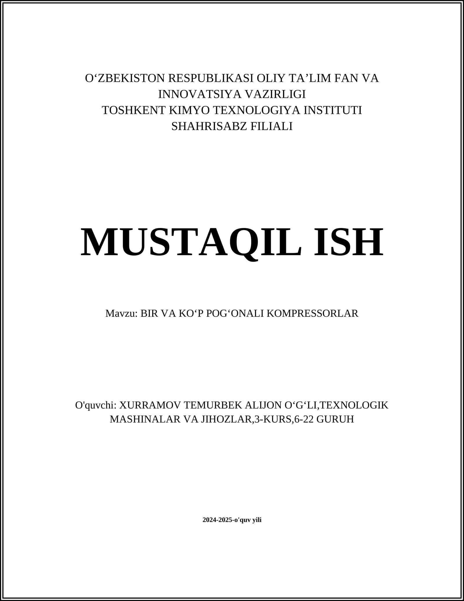 BIR VA KOʻP POGʻONALI KOMPRESSORLAR