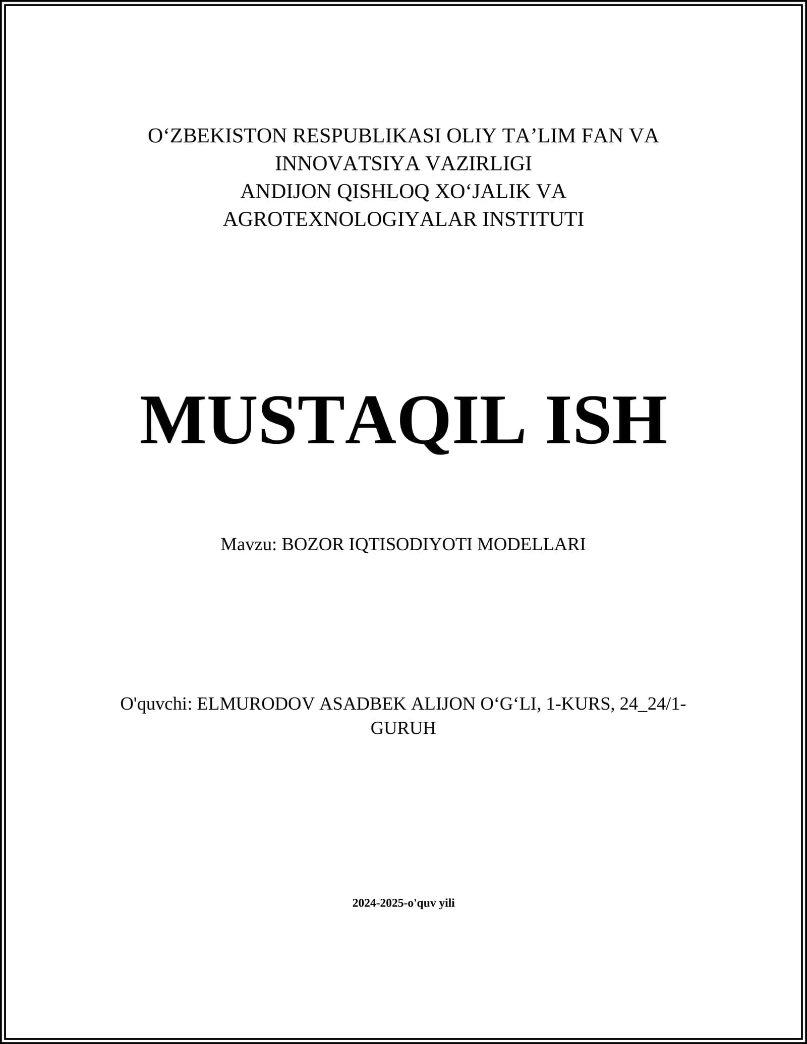BOZOR IQTISODIYOTI MODELLARI
